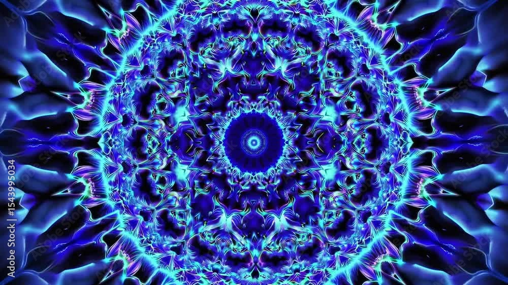 Poster seamless kaleidoscope background with reflective liquid blue shapes forming complex symmetrical patt