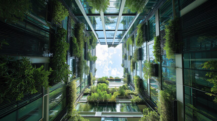 Upward view of modern green building architecture with plants and sky above.