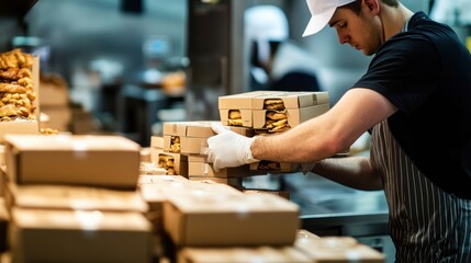 Worker Packaging Freshly Baked Goods in a Commercial Bakery