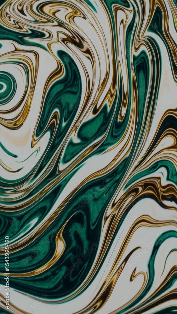 Poster Seamless marble swirl background with deep green and golden patterns in glossy liquid texture - abstract fluid motion design for visual compositions