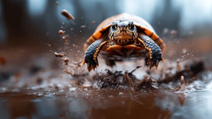 A dynamic and vibrant image of a turtle racing through shallow waters, creating splashes that highlight the beauty of nature and the energy of wildlife in its habitat.
