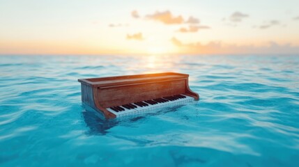 An artistic representation of a grand piano floating serenely on ocean waters, symbolizing creativity, musicality, and the fusion of art and nature in an abstract context.