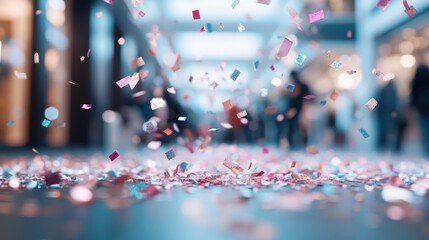 Naklejka premium Colorful confetti falls gracefully in an expansive space creating a vibrant and festive atmosphere, evoking joy and celebration as people gather beneath it.