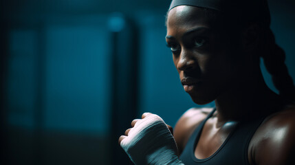 Focused female boxer with wrapped fists in fighting stance under dramatic lighting.
