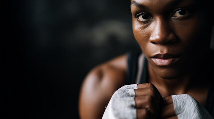 Focused female boxer with wrapped fists in fighting stance under dramatic lighting.
