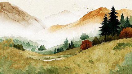 Peaceful watercolor mountain scene with misty hills, lush green forests, and tall pine trees ideal for nature illustrations, travel art, or tranquil-themed creative projects