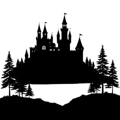 Naklejka premium “Medieval castle village silhouette on hilltop surrounded by dense forest, storybook theme”