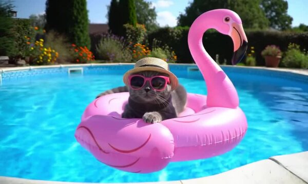 A cute grey cat wearing pink glasses and a small straw hat, lounging on a floaty in a sunny outdoor pool.