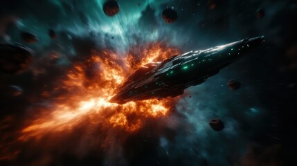 Fototapeta premium An impressive, high-tech spaceship navigating through a dramatic cosmic scene filled with fiery explosions and asteroids, embodying themes of exploration and adventure in space.