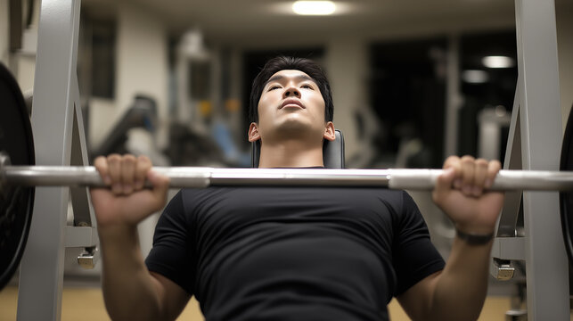 Man performing bench press with barbell at gym during strength training.
