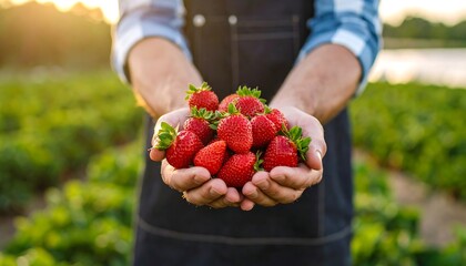 Farmers hands holding fresh strawberries.