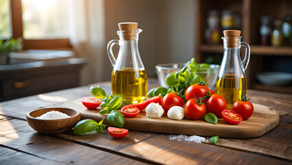 Fresh tomatoes, mozzarella, and basil on rustic wooden board with olive oil bottles