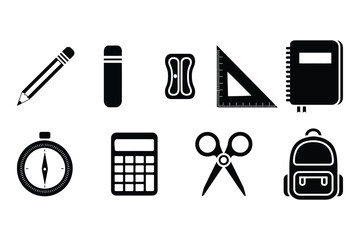 Collection of school and office supplies in black silhouette
