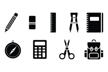Collection of school and office supplies in black silhouette