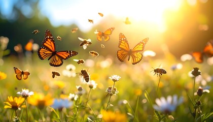 Monarch butterflies  bees in meadow.