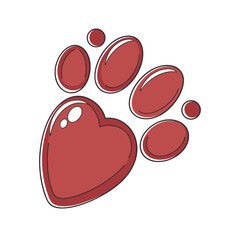 Maroon Paw Print with Heart-Shaped Pad - Pet Love and Animal Care Vector Illustration