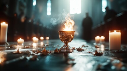 A magical chalice sits amidst flickering candles, with flames emanating warmth and mystery, creating a sacred atmosphere filled with spirituality and contemplative serenity.