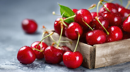 Fresh, vibrant red cherries in a rustic wooden box on a textured gray background, adorned with water droplets and green leaves.