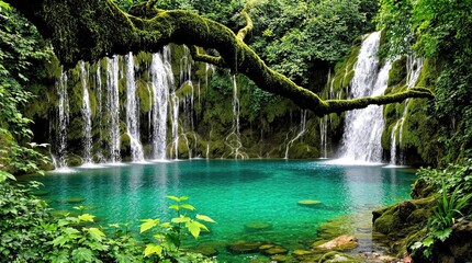 Lush waterfall cascading into a tranquil pool, nestled within a dense, mossy forest