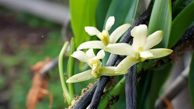 vanilla beans and flowers on vanilla plant on tree