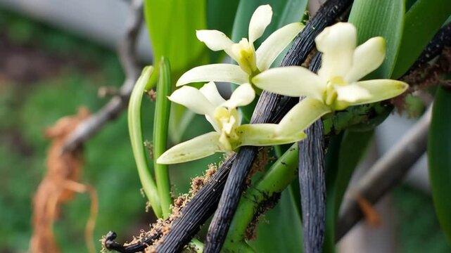 vanilla beans and flowers on vanilla plant on tree
