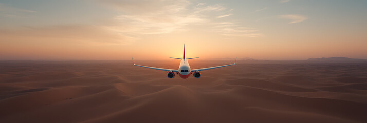 Obraz premium Airplane flies over a stunning desert landscape at sunset, its silhouette contrasting against the warm, golden sky. Travel and adventure in remote locations.