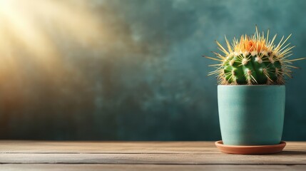 A vibrant green cactus in a soft blue pot sits atop a rustic wooden table, illuminated by natural light, enhancing the simplicity and uniqueness of the succulent.