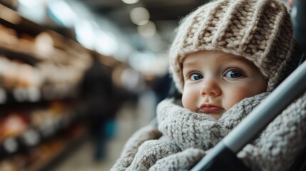 A cozy baby bundled in a knit hat and scarf gazes curiously while resting in a stroller, showcasing warmth and innocence amidst the bustling backdrop of a store.