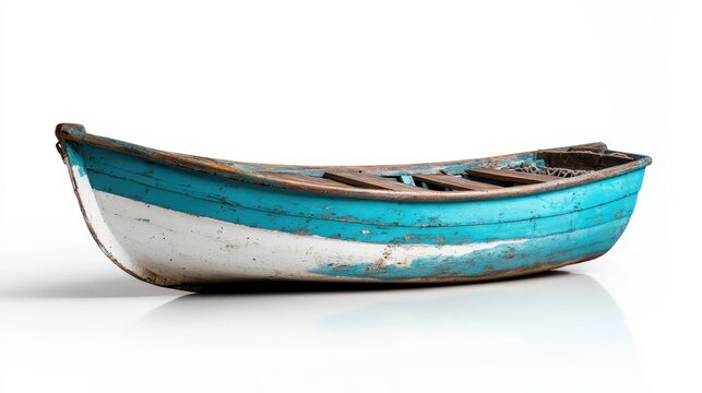 A rustic, weathered wooden boat with a blue and white paint job sits against a stark white background, representing nostalgia and simplicity in maritime life.