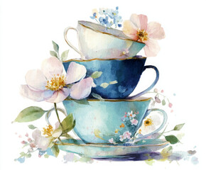 Watercolor Illustration of Stacked Vintage Tea Cups with Floral Designs – Elegant China Perfect for Tea Party Invitations and Classic Decor (Isolated on White)
