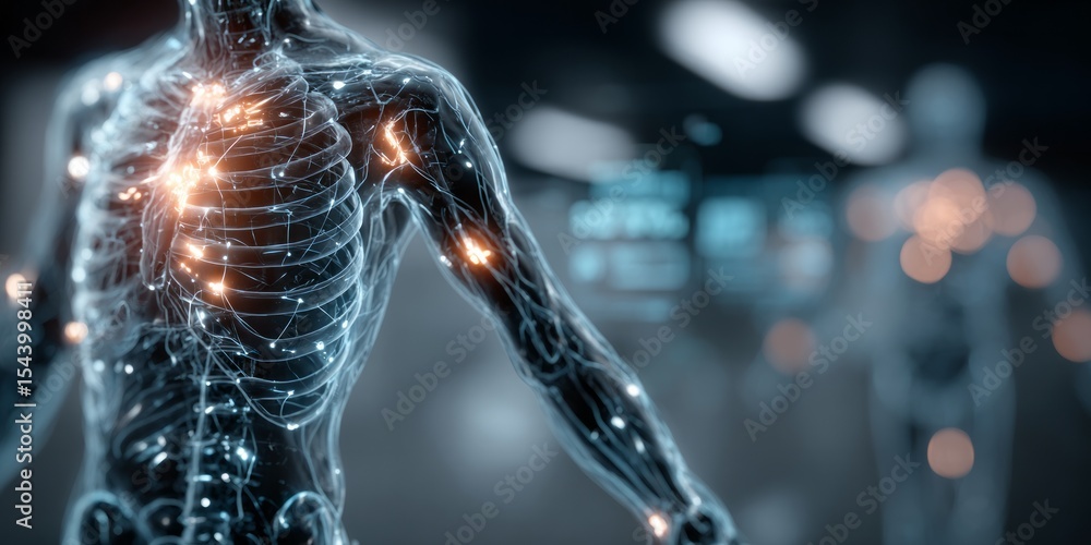 Poster futuristic digital rendering of human anatomy with glowing nerves and illuminated internal network