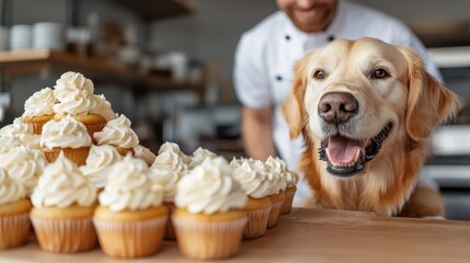A delightful scene featuring a golden retriever smiling beside a stack of freshly made cupcakes, illustrating the charm of companionship and culinary creativity.