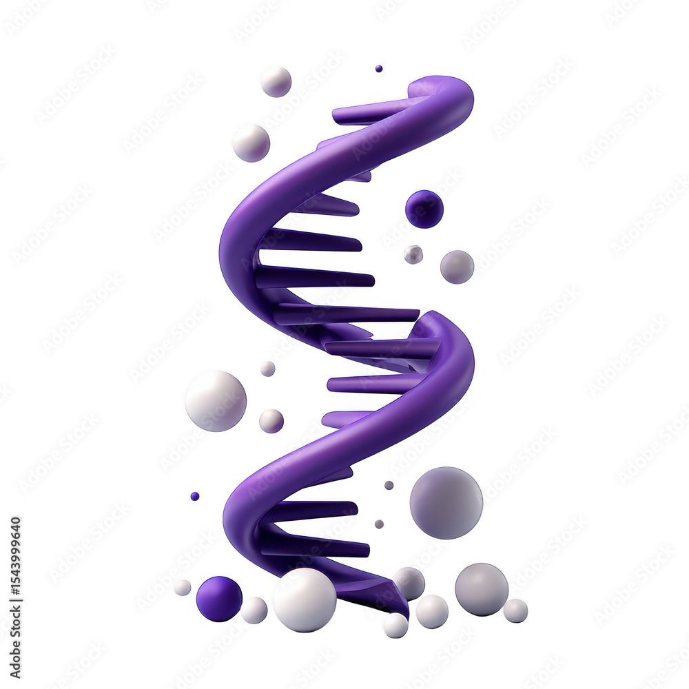 Fototapete abstract 3d render of a purple dna helix with floating spheres