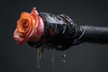Pink Rose Encased in Dark Plastic Tube Covered with Water Droplets
