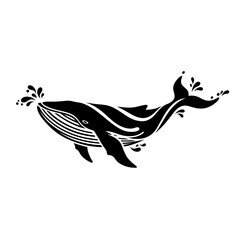Fototapeta premium A black and white illustration of a whale spouting water with decorative waves and stylized design elements
