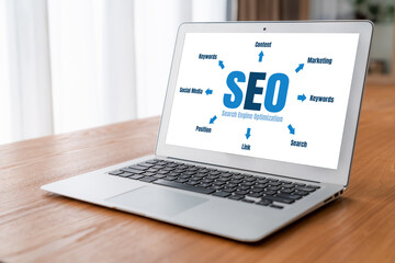 SEO search engine optimization for modish e-commerce and online retail business showing on computer...
