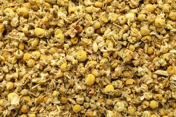 Dry chamomile flowers as background, top view