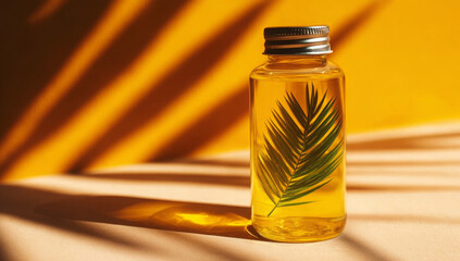 Minimal Glass Bottle with Leaf and Shadow Against Yellow Background
