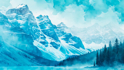 Watercolor landscape of majestic snow covered mountains surrounded by dense pine forests, rendered in cool blue tones perfect for winter themes, nature art, or outdoor adventure designs.
