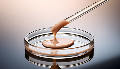 cosmetic spatula test of beige liquid foundation and face serum puddle on glass petri dish 3d rendering beauty cosmetic product or skincare concepts with a clean aesthetic