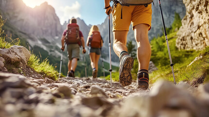 Hikers exploring scenic mountain trails during a bright sunny day outdoors