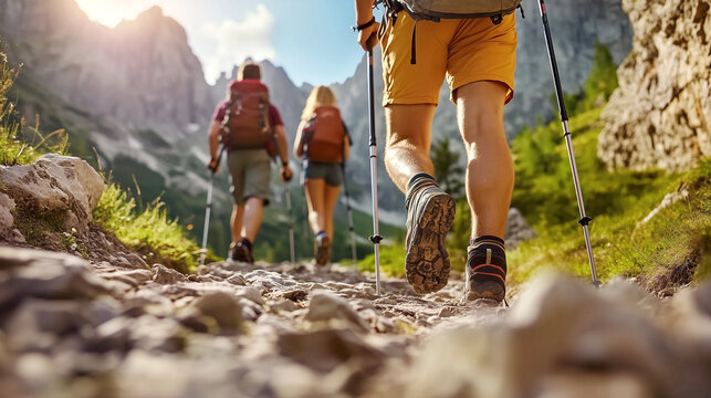 Hikers exploring scenic mountain trails during a bright sunny day outdoors