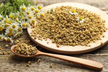 Dry, fresh chamomile flowers and spoon on wooden table, closeup
