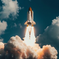 soaring into new world: The image captures the awe-inspiring launch of a spacecraft against a backdrop of billowing clouds. It symbolizes progress and ambition.