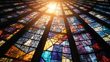 Vibrant Stained Glass Window Illuminated by Radiant Sunlight
