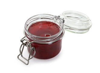 Tasty strawberry jam in open jar isolated on white
