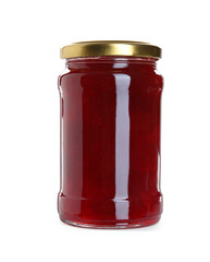 Tasty strawberry jam in jar isolated on white