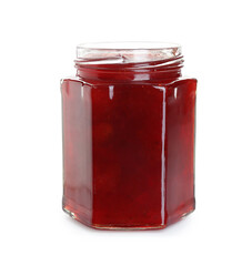 Tasty strawberry jam in open jar isolated on white