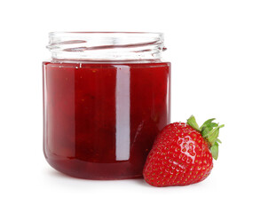 Tasty strawberry jam in jar and fresh berry isolated on white