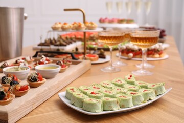 Buffet menu. Many different appetizers on table, closeup